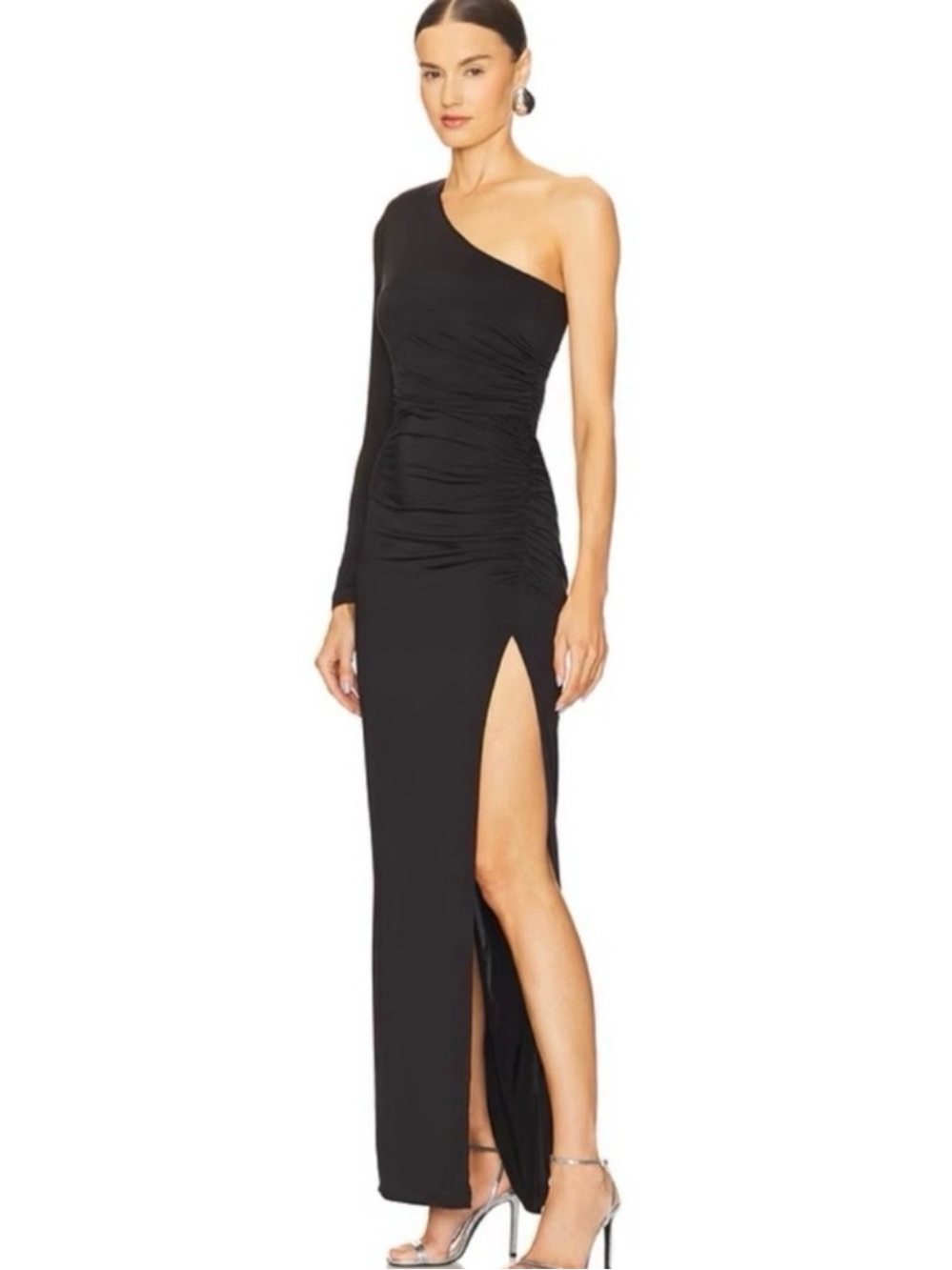 Michael Costello Gilly Black One Shoulder Ruched Maxi Dress Slit Gown NWT XS
